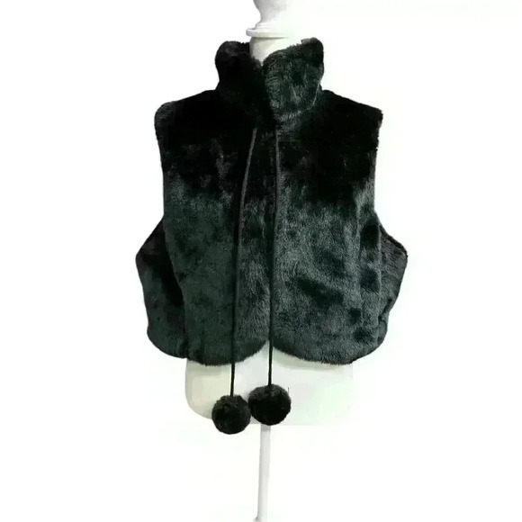 FAUX FUR BLACK VEST WITH POM POM TASSELS HOOK CLOSURE STAND UP COLLAR SIZE L - Picture 3 of 11